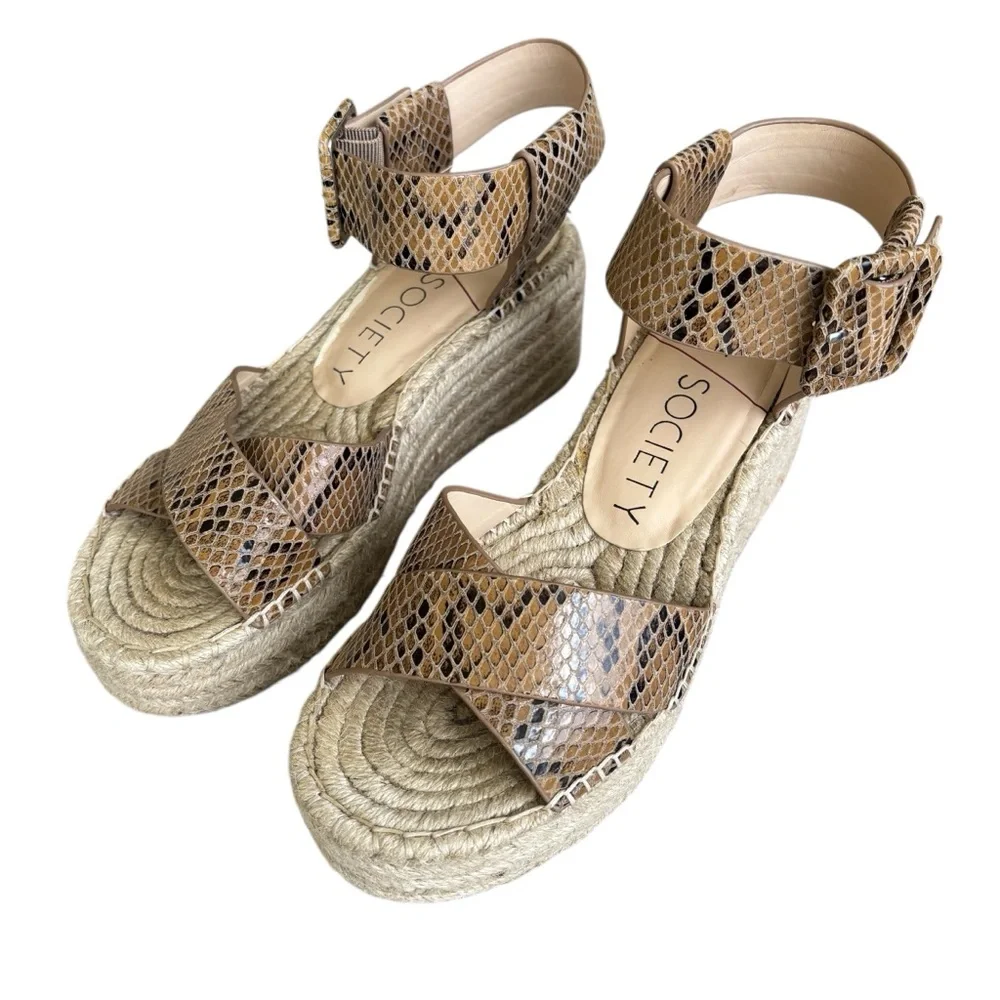 Sole Society Tan Snake-Print Espadrille Wedge Sandals